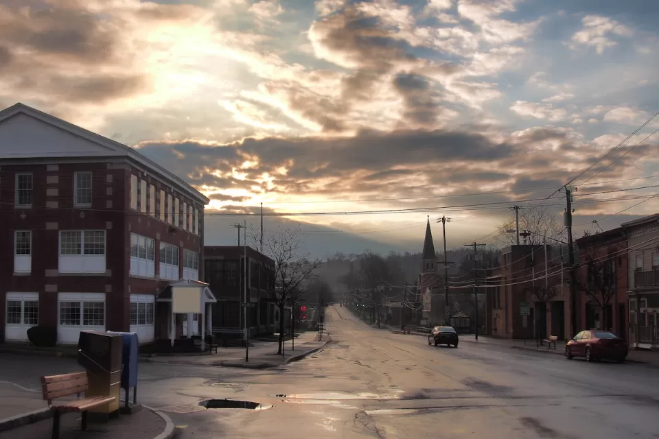 View of street in small town of Camillus, New York on a cloudy day.